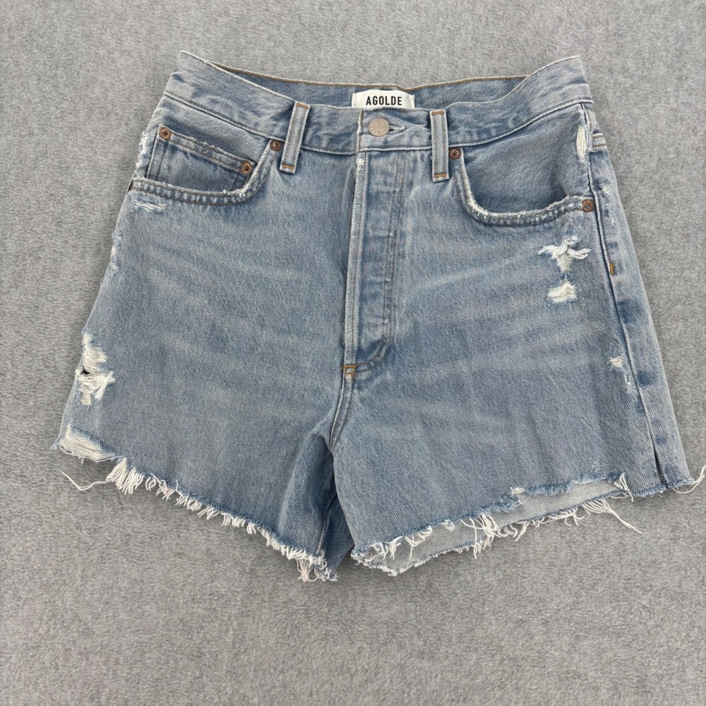 AGOLDE Dee Short Womens 26 Blue Distressed High Rise Button Fly Denim Cutoffs - Picture 1 of 10
